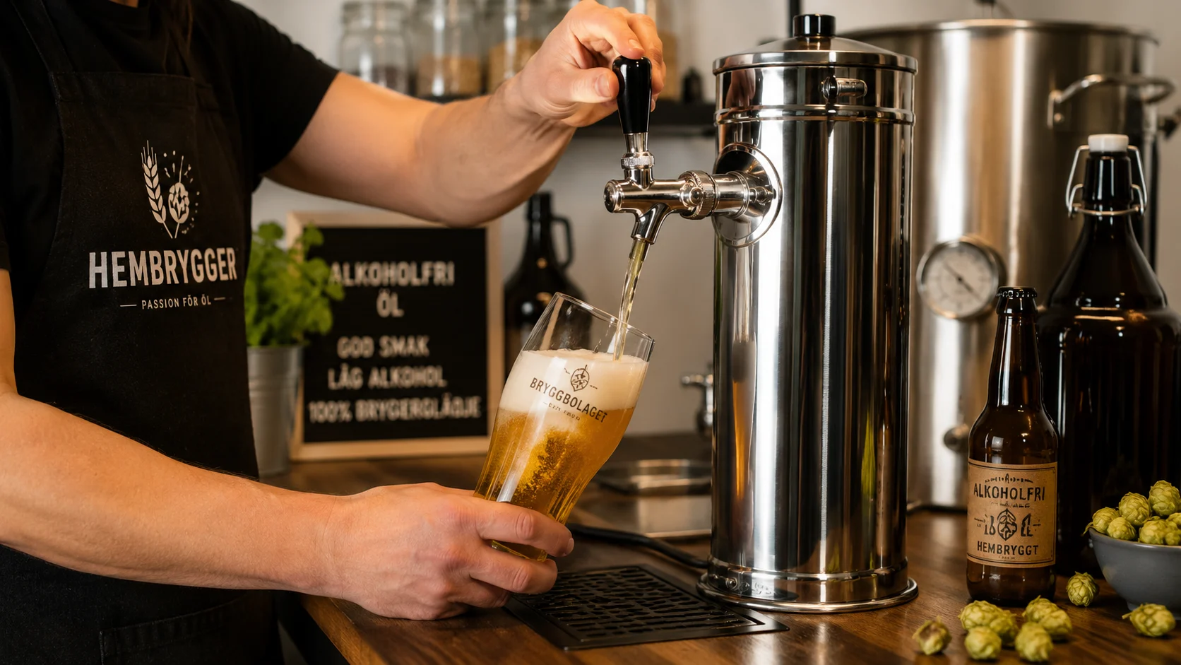 Hembryggare som fyller ett glas gyllene alkoholfri öl från en tappkran