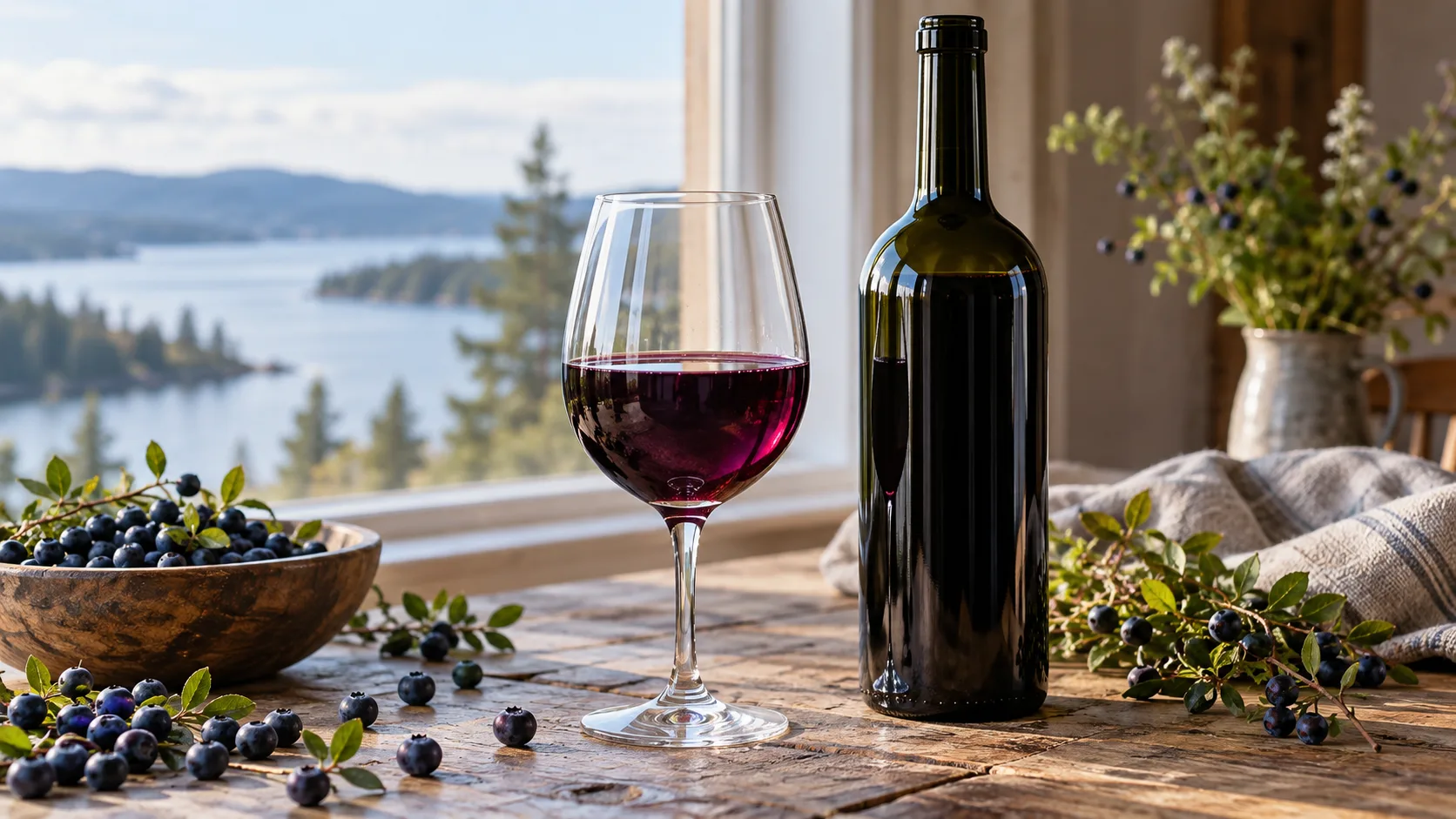 Hjemmelavet blåbærvin i et glas ved siden af en vinflaske og friske blåbær