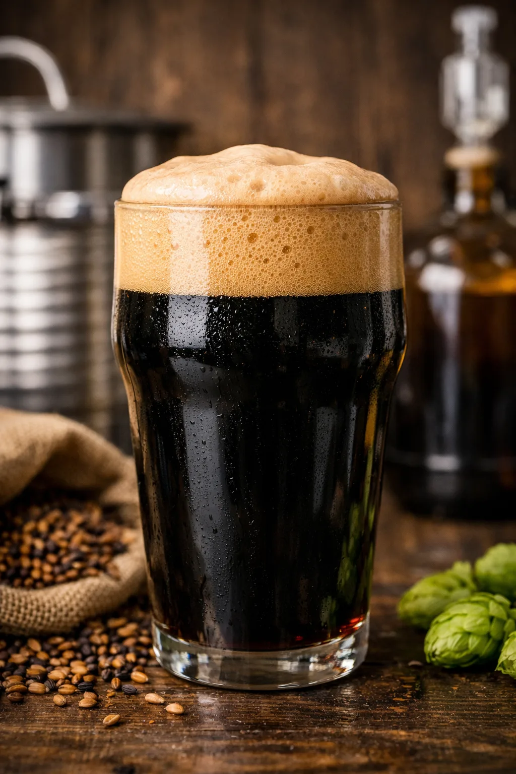 Mörk stout med krämigt skum i glas – hembryggd stout