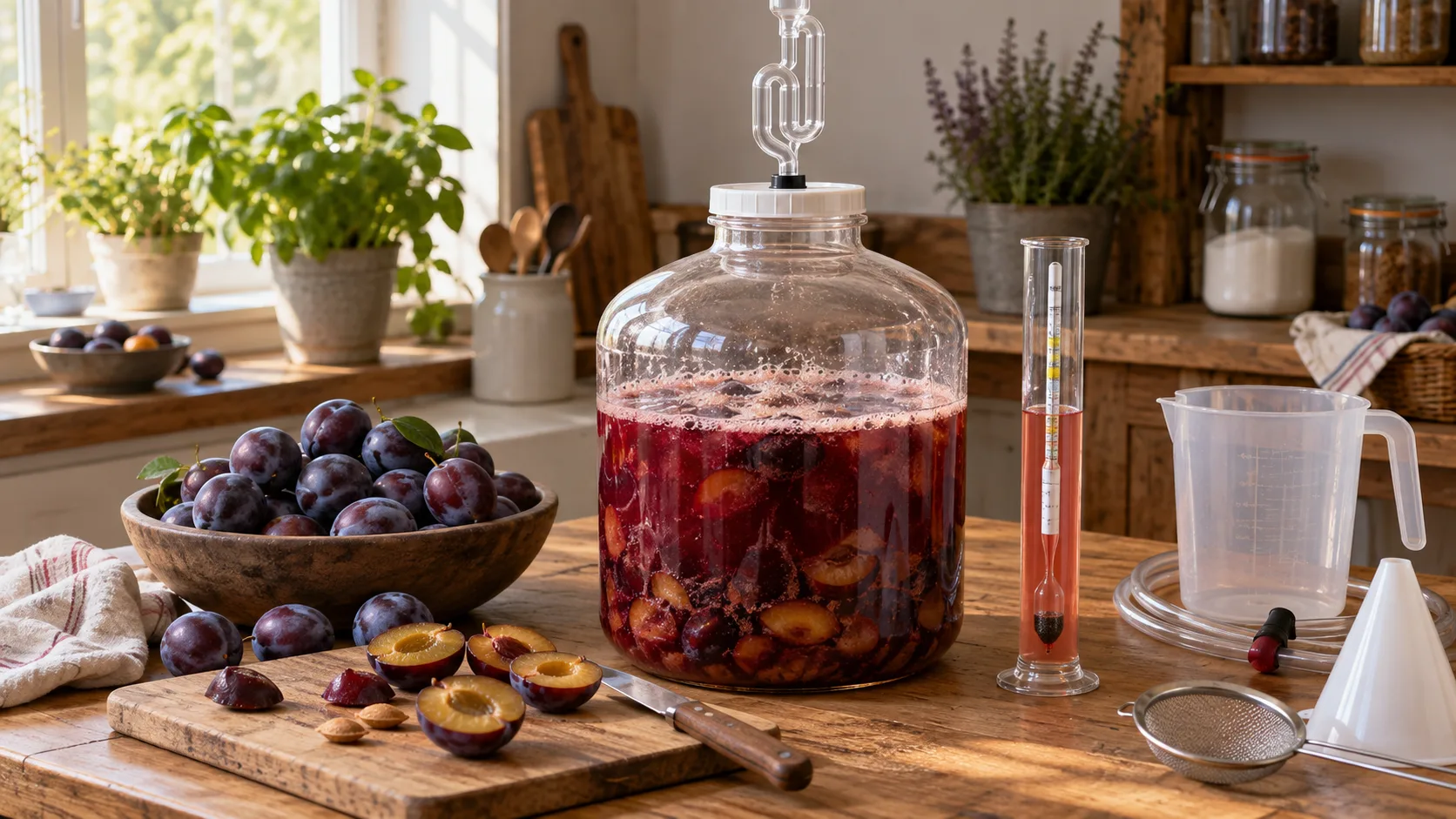Blommer, gæringsbeholder og hydrometer til blommevin