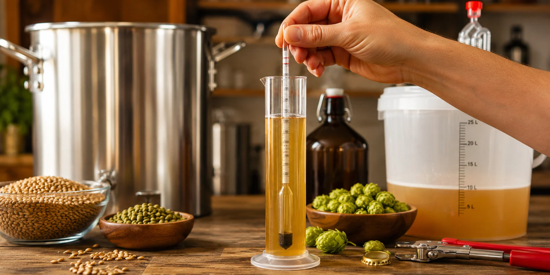 Måling af folkøl med hydrometer under hjemmebrygning