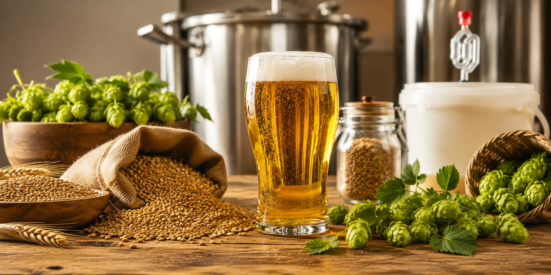 Hjemmebrygget folkøl med malt, humle og bryggeudstyr