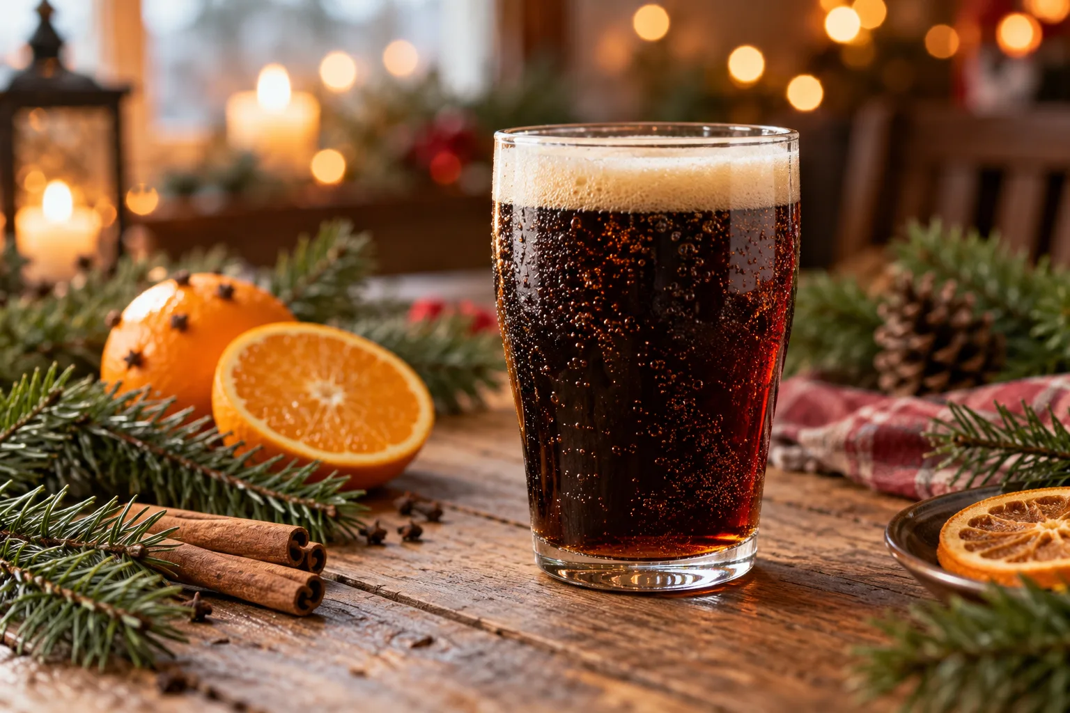 Ein Glas dunkle Julmust auf einem weihnachtlich gedeckten Tisch