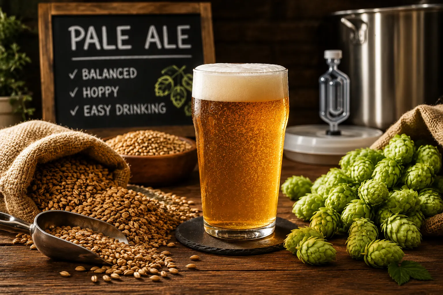 Glas med gyllene Pale Ale bredvid humle och malt