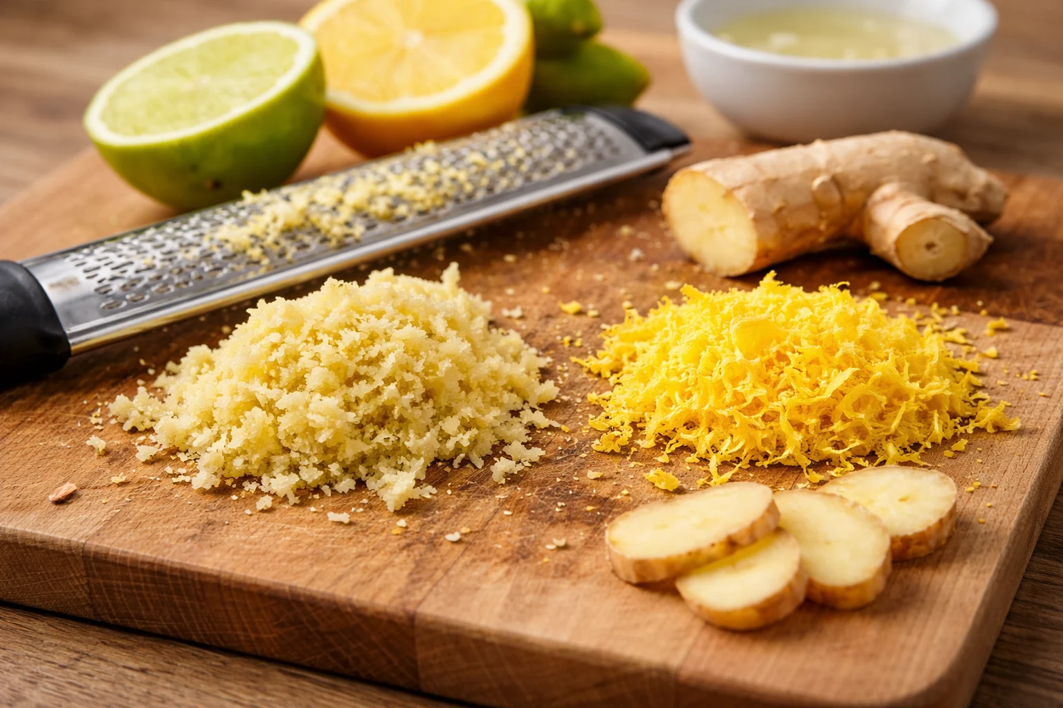 Närbild på riven ingefära och citruszest