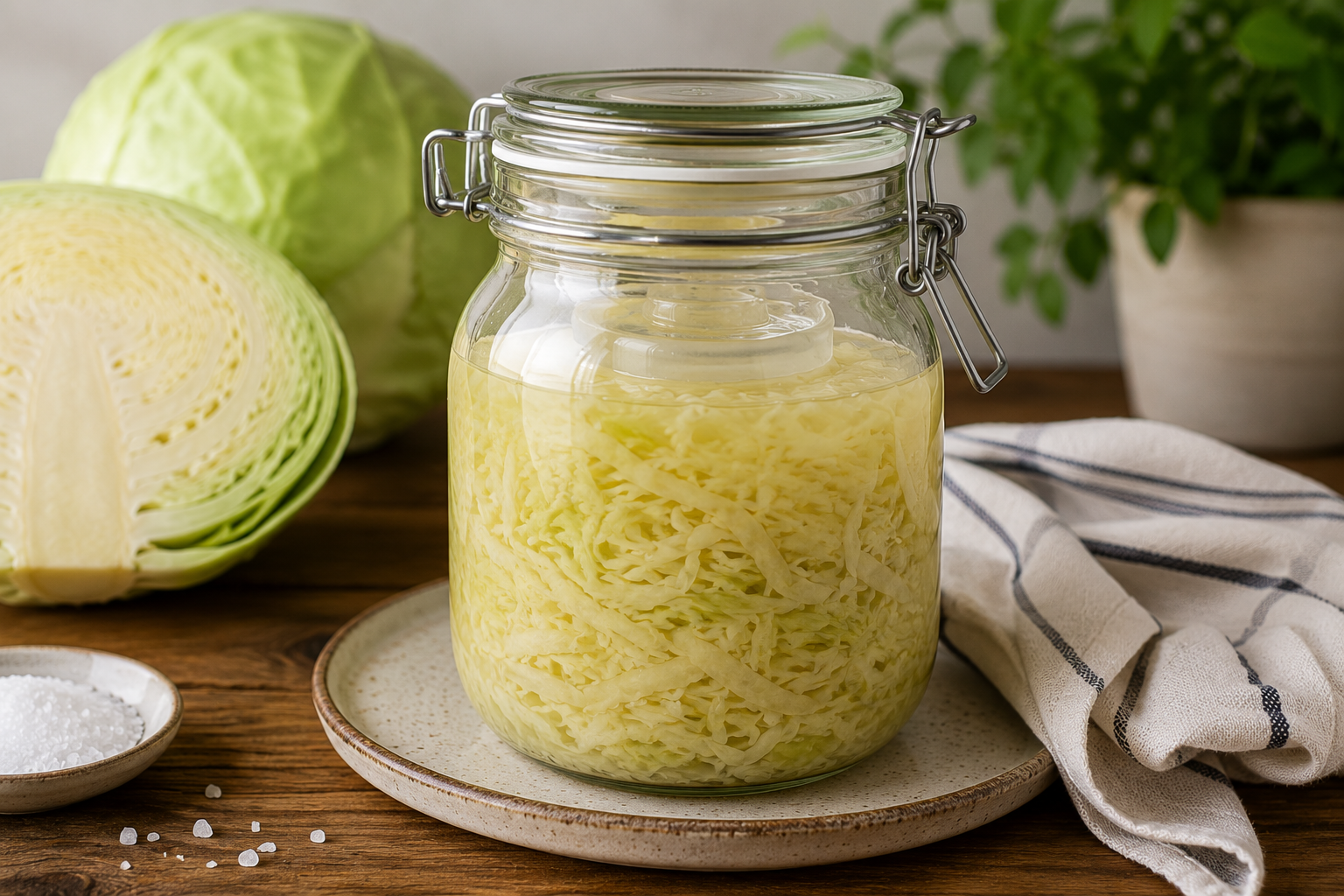 Sauerkraut während der Fermentation im Glas
