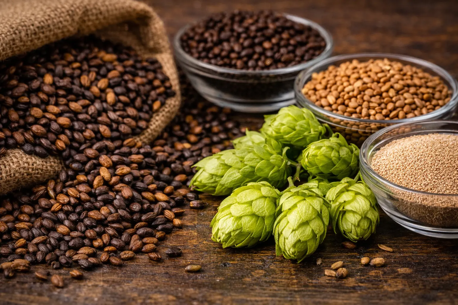 Ingredienser för att brygga stout – malt, humle och jäst