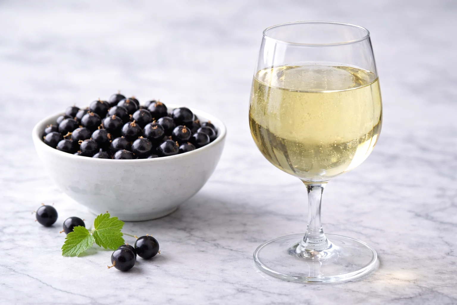Svarta vinbär i skål och ett glas med ljus vinbas