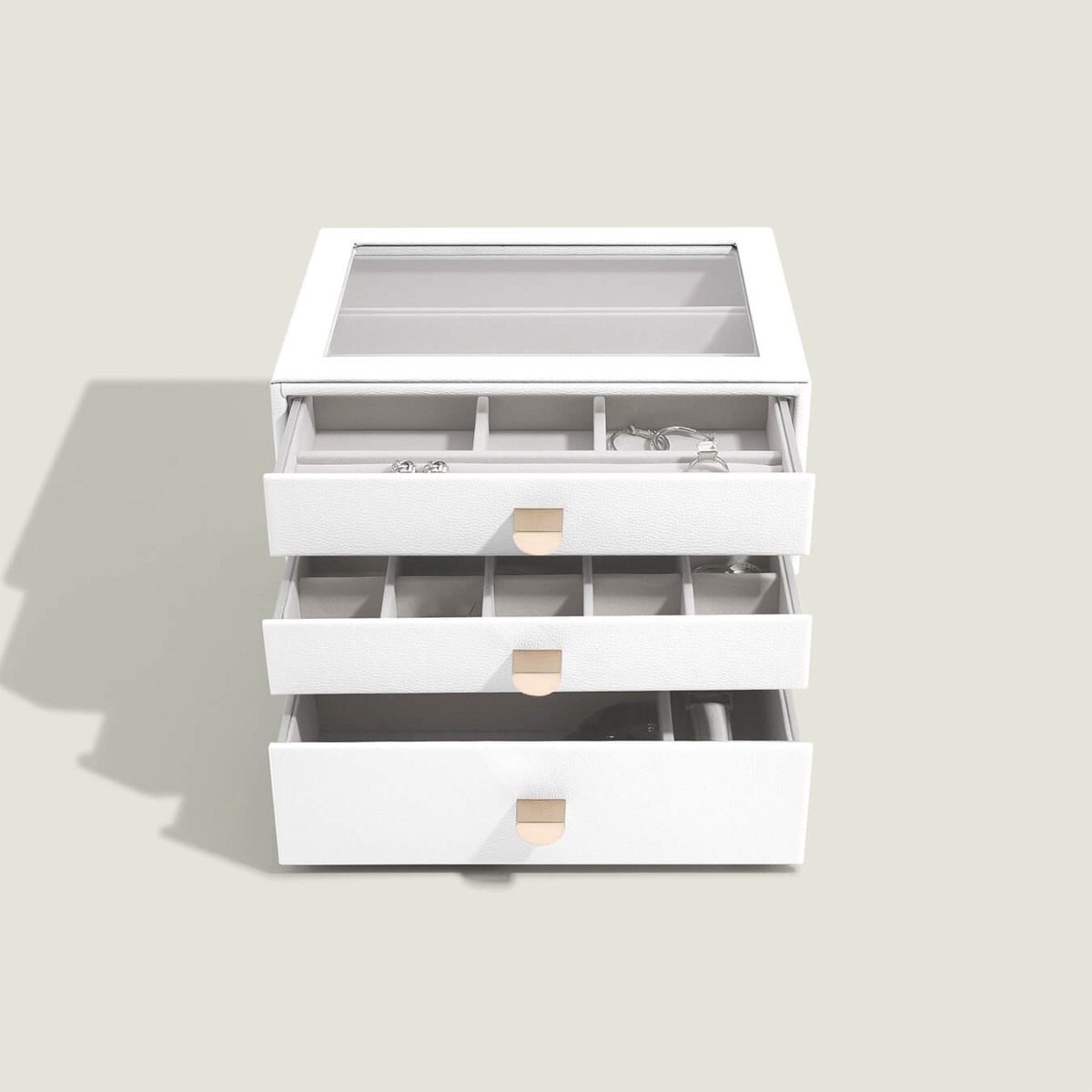 STACKERS Classic Size White 25 Section Section Stacker Jewellery Box with Grey Velvet Lining. 