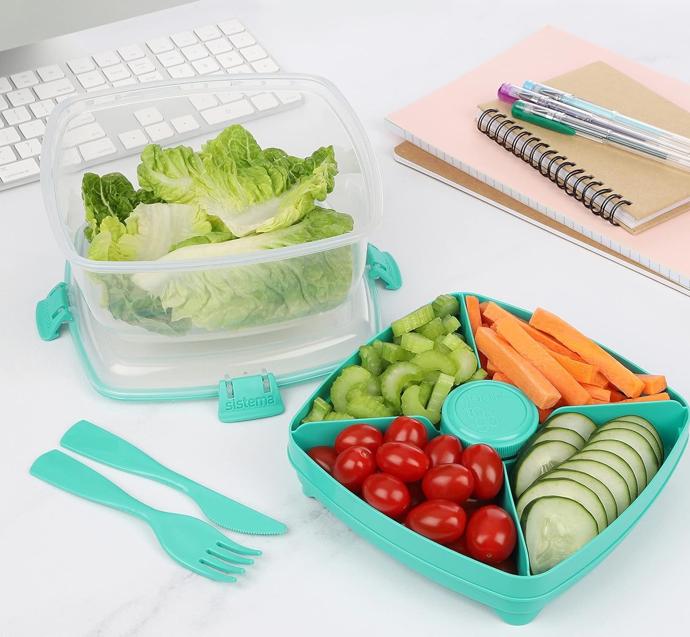 Matlåda med fack, 1,63 L, SALAD MAX TO GO, 19 x 19 x H 10 cm, Klar / Minty Teal