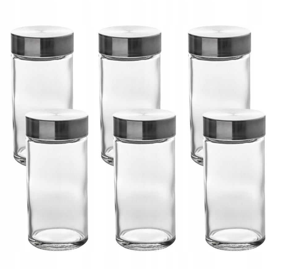 Kryddburkar i glas med metallock, 6 st, GLASS SPICE POTS,  Ø 4,5  x  H 9,5 cm, Klar / Silver
