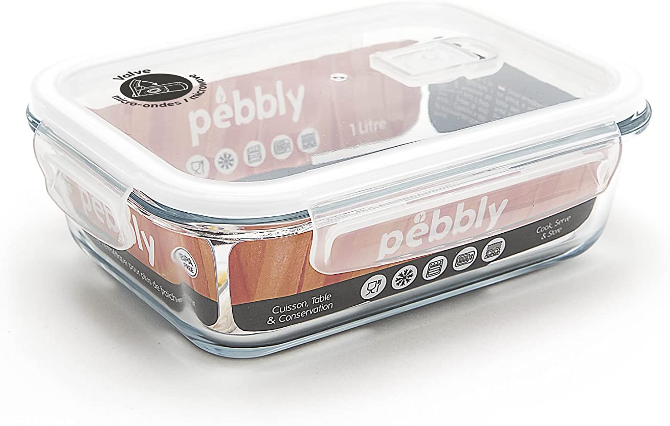 Glasmatlåda, Lock med ventilationshål, 1 L, PEBBLY COOK & STORE,  Klar / vit
