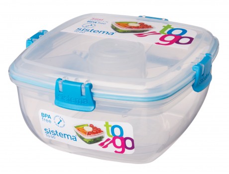 Matlåda, med fack och  bestick, SALAD TO GO, 1,1 L,  Klar / Ljusblå