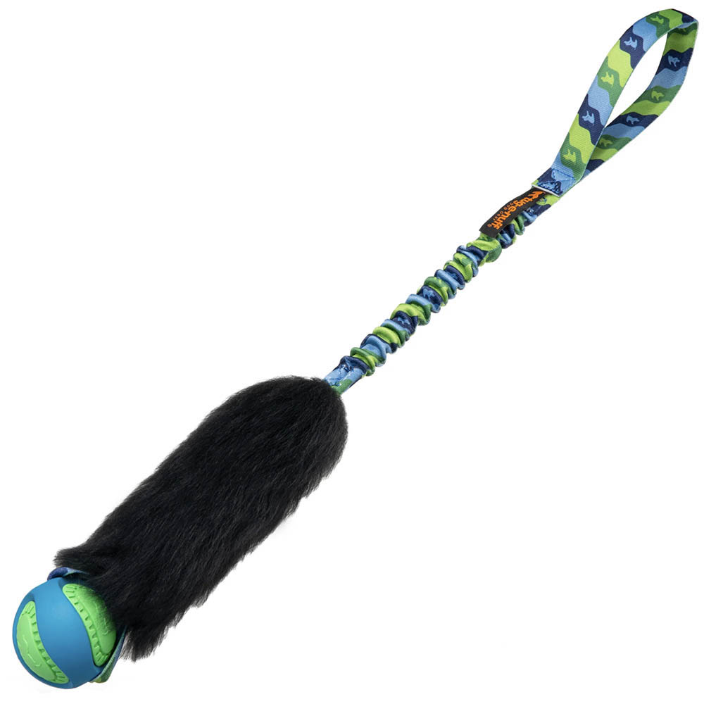 Dog toy with a ball and sheep fur and bungee