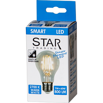 STAR TRADING LED-LAMPA E27 A60 SENSOR CLEAR, 7W (60W) 2700K, Skymningssensor