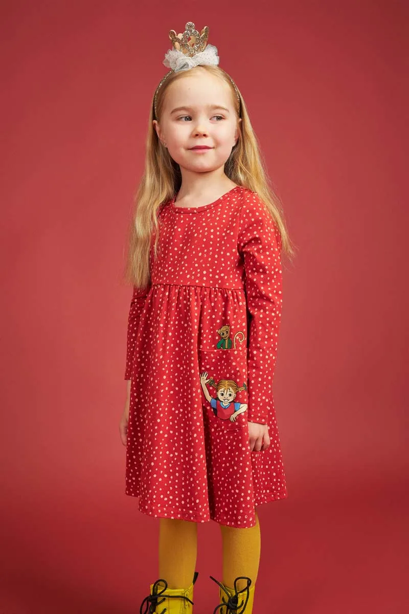 Pippi klänning - Prickig, roströd/rosa 104 - 2