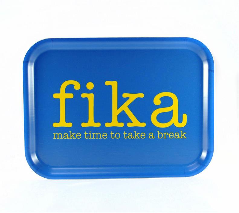 Bricka 27x20 cm, Make time FIKA, blå/gul text