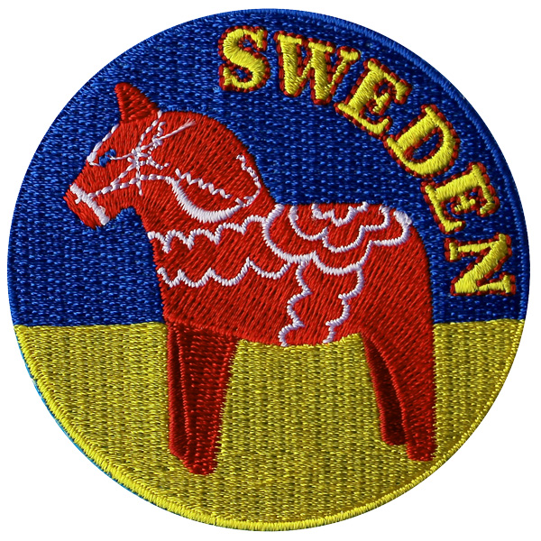 Tygmärke - Broderad Dalahäst på Blå-Gult Runt