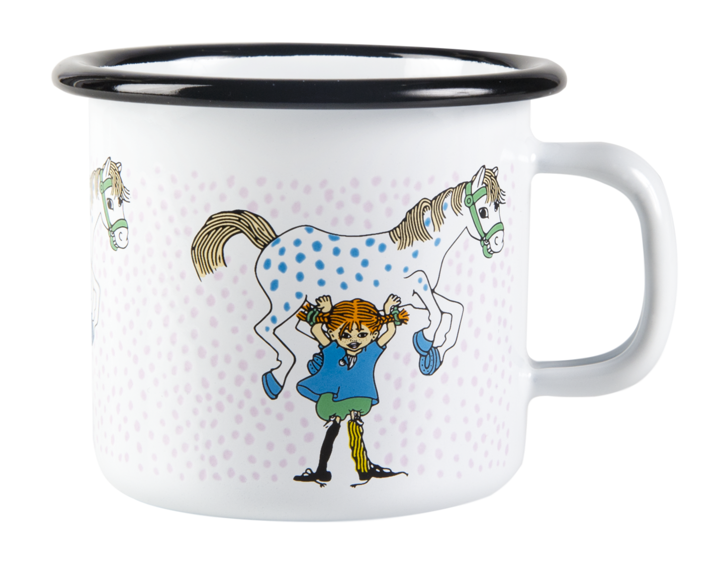 Pippi enamel mug 2,5 dl - Pippi and the Horse, white