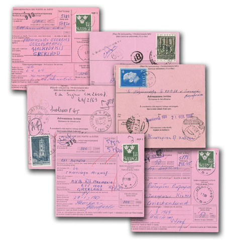 Tre Kronor 1.40 kr med gul fluorescens på internationella postanvisningar