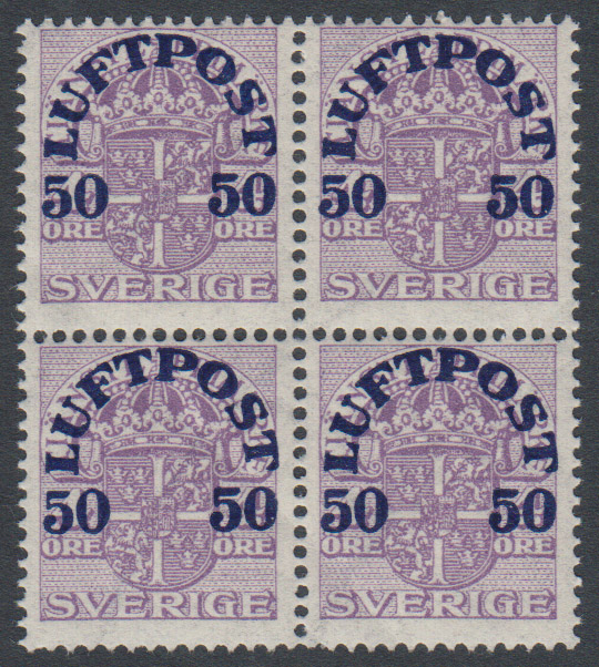 F 138cz, 50 öre Luftpost fyrblock **
