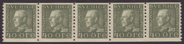 F 189, Gustaf V profil vänster 40 öre olivgrön typ I femstrip **
