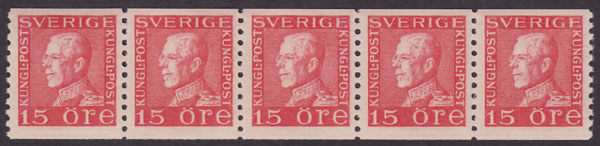 F 176, Gustaf V profil vänster 15 öre röd typ I femstrip **