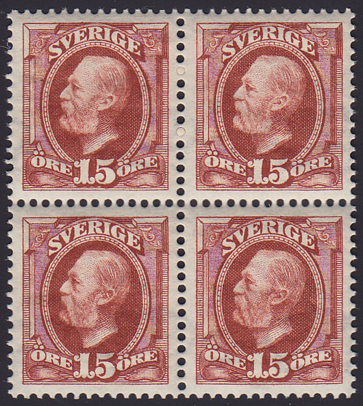 F 55vm2, 15 öre Oscar II fyrblock **