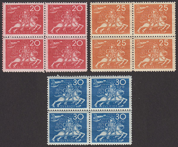 F 214-216, Världspostföreningen 50 år fyrblock **