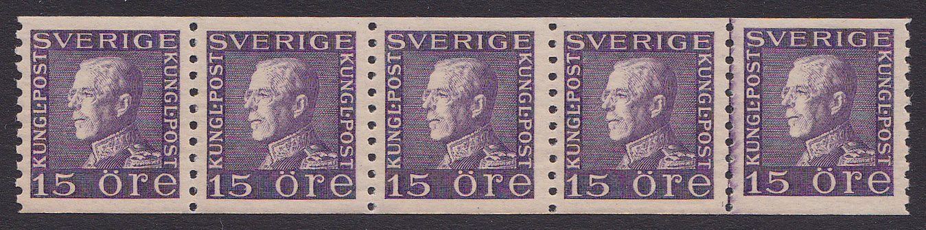 F 175A, 15 öre Gustaf V profil vänster prakt-femstrip **