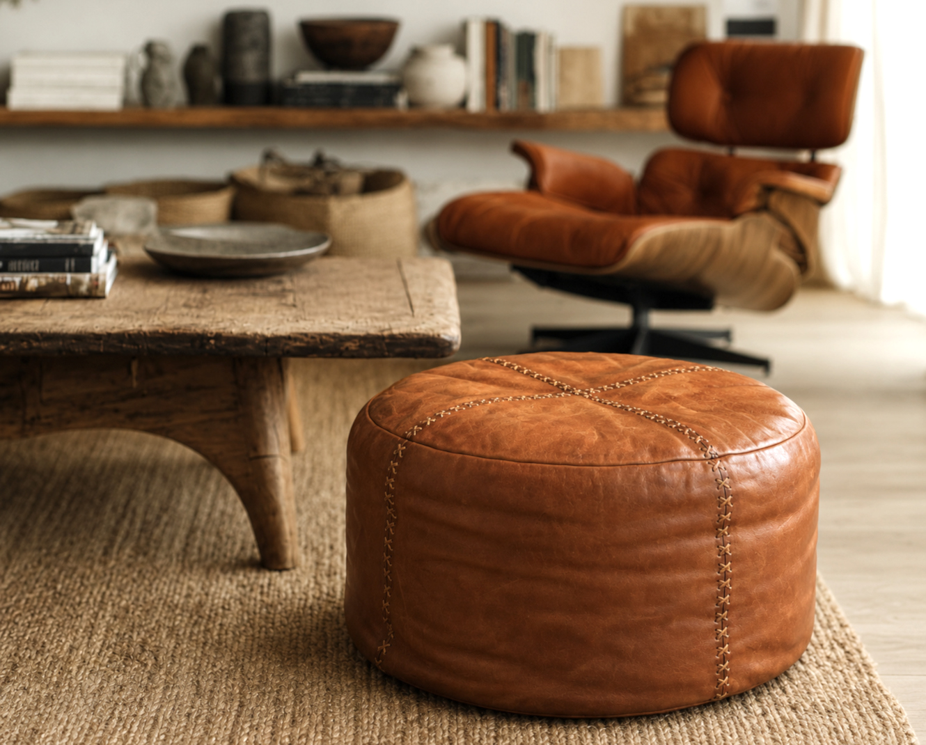 Läder Sittpuff Brun
