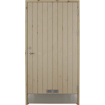 Soprumsdörr F28 är en dörr med stående dekorspårning, sparkplåt och ventilation
