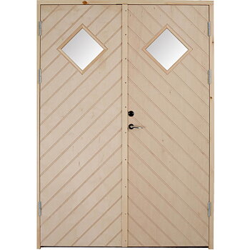 Parförrådsdörr F11 är en pardörr med fiskbensmönstrad dekorspårning samt två diagonala fönster