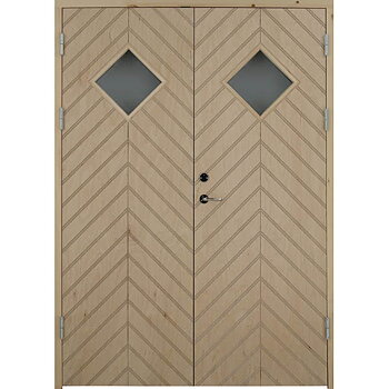 Parförrådsdörr F9 är en pardörr med fiskbensmönstrad dekorspårning samt två diagonala fönster