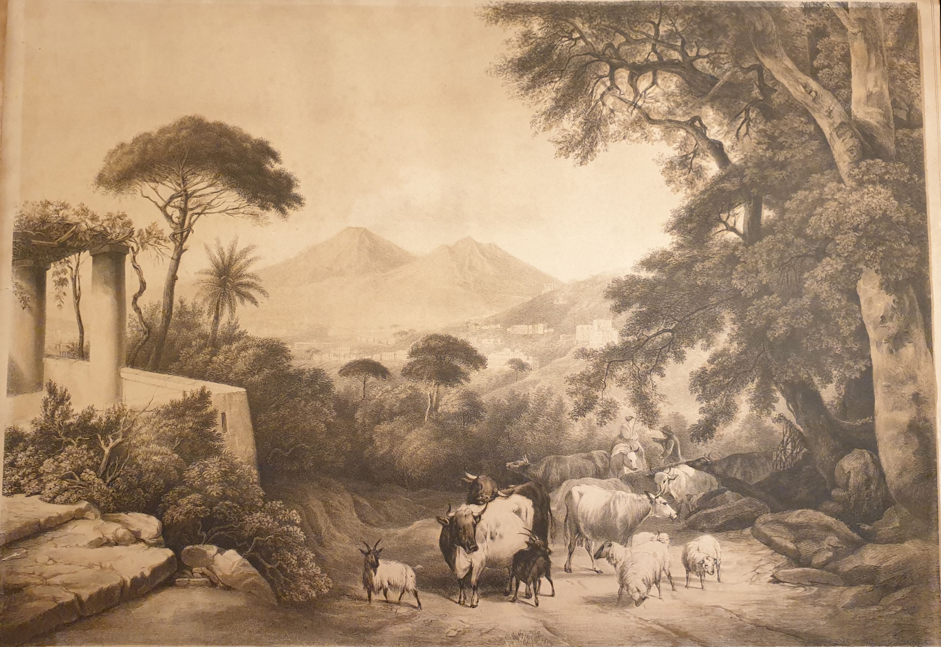 Ruin landscape with grazing cattle lithographic print