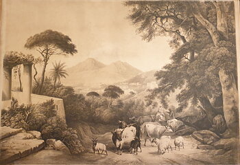 Ruin landscape with grazing cattle lithographic print