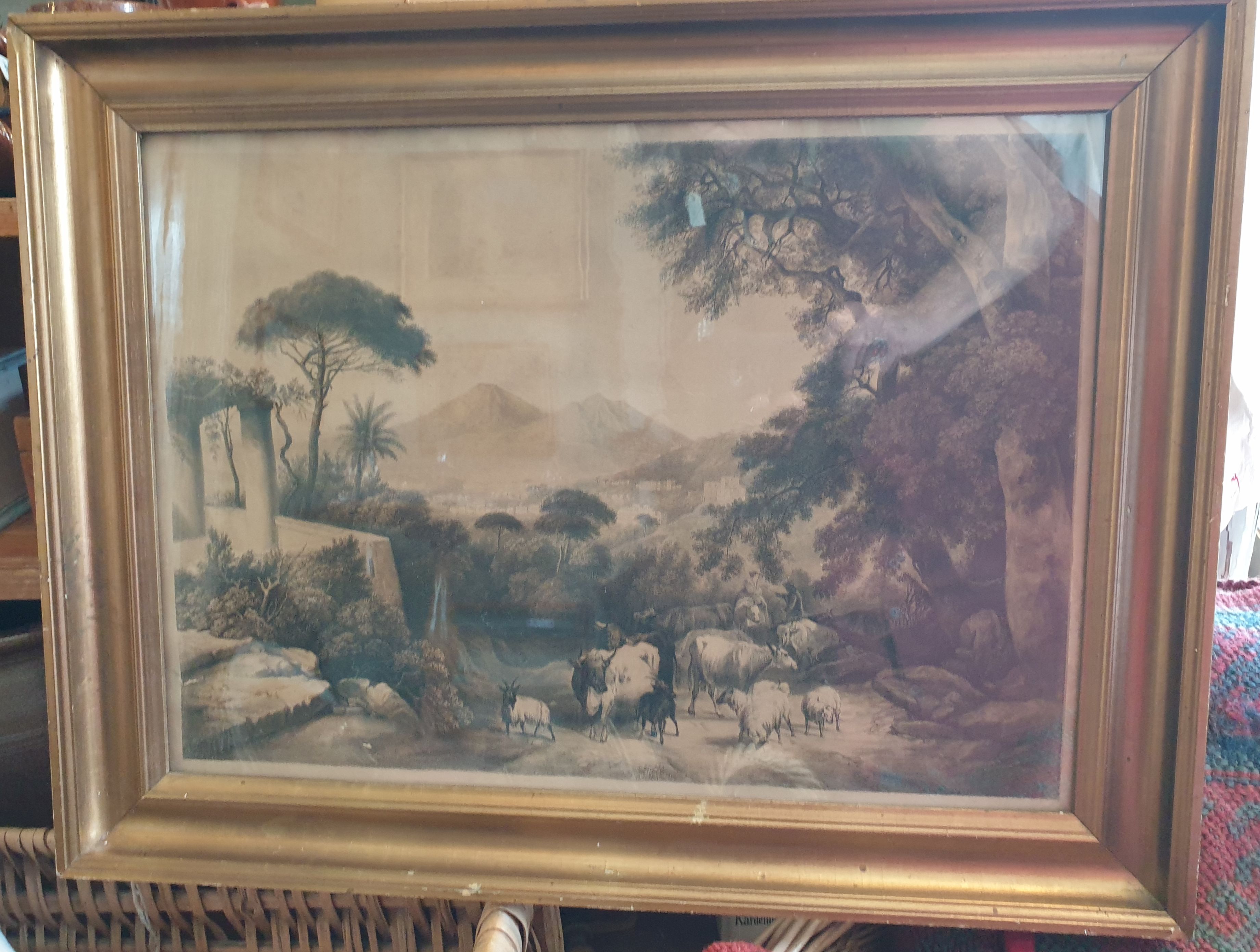 Ruin landscape with grazing cattle lithographic print - 2