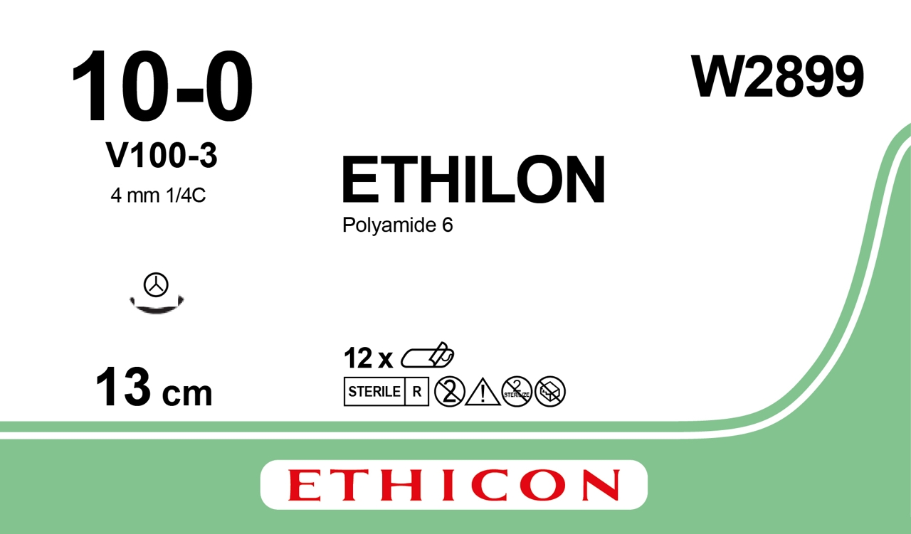 Ethilon suture 10-0, W2899, V100-3 needle, 13 cm black