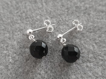 Black onyx faceted 8mm ball pendant ear stud 925-silver