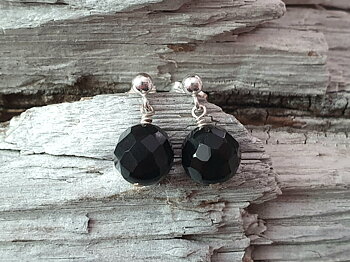 Black onyx faceted 8mm ball pendant ear stud 925-silver