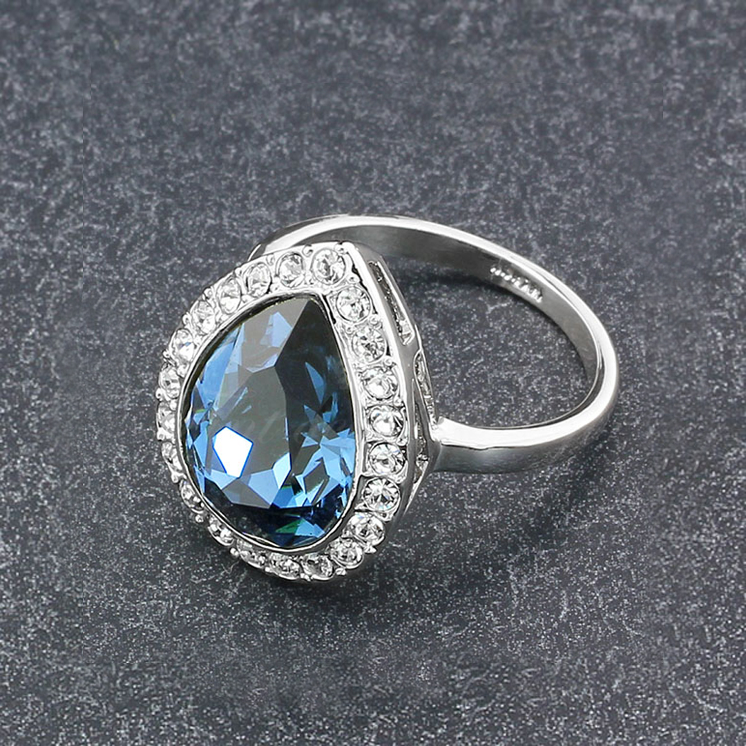 Ocean Teardrop - 18k Vitguldpläterad Ring Stor Blå Kristall - 2