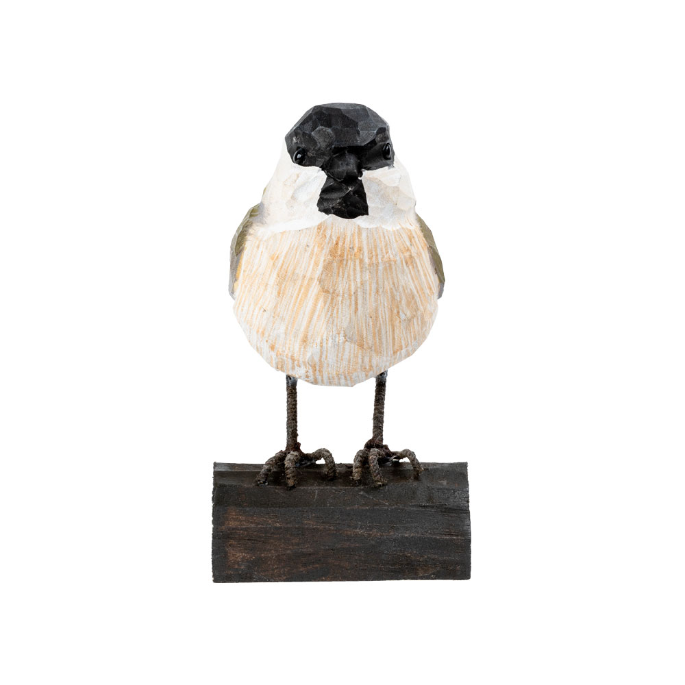 DecoBird Marsh Tit from the side, hand-carved wooden bird with a black cap, grey-green wings and pale underside on a wooden base.