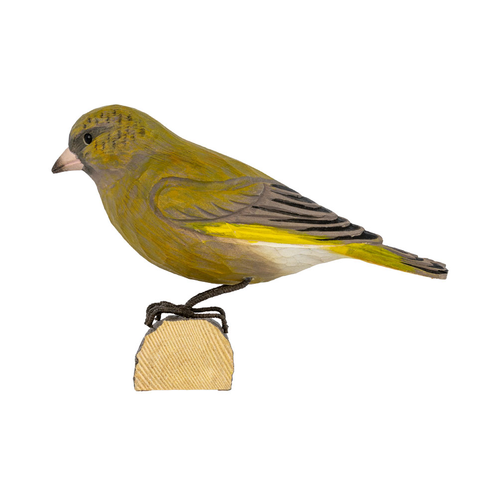 DecoBird Greenfinch seen from the back, standing on a small wooden base against a light background.