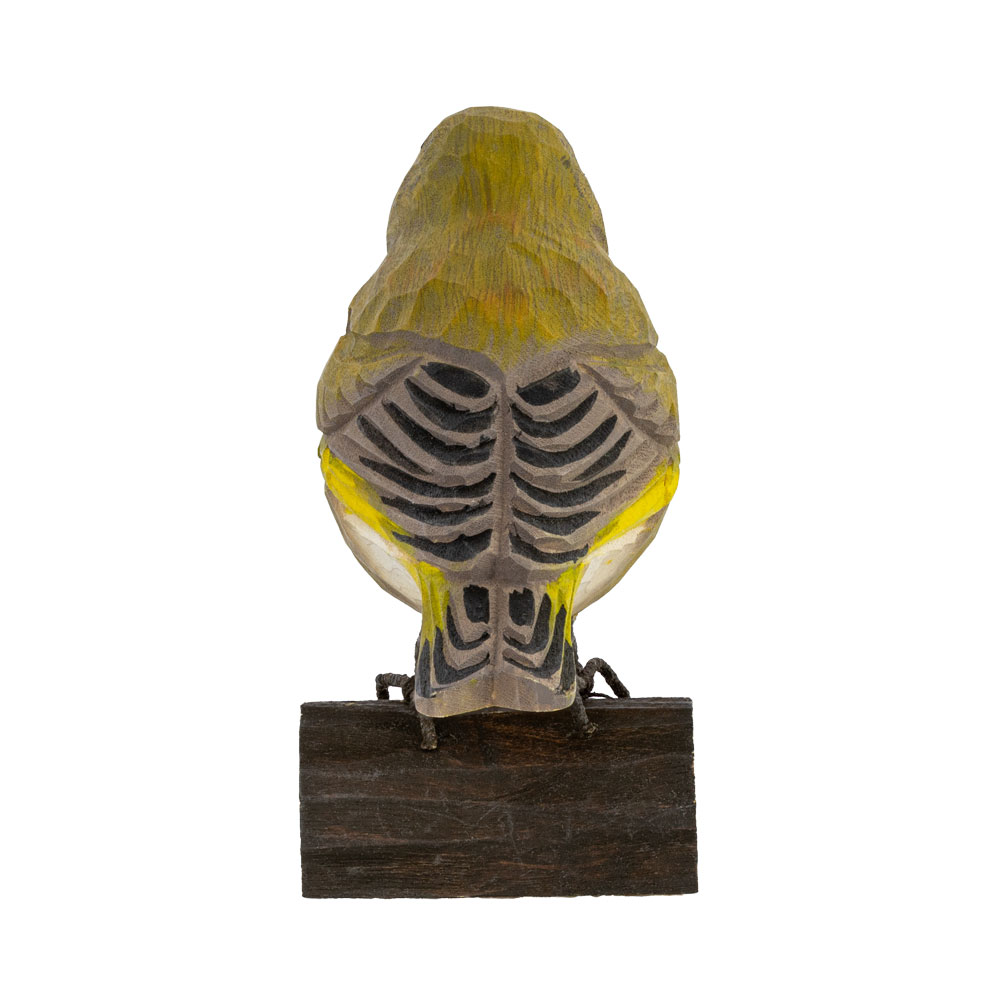 DecoBird Greenfinch seen from the front, standing on a small wooden base against a light background.