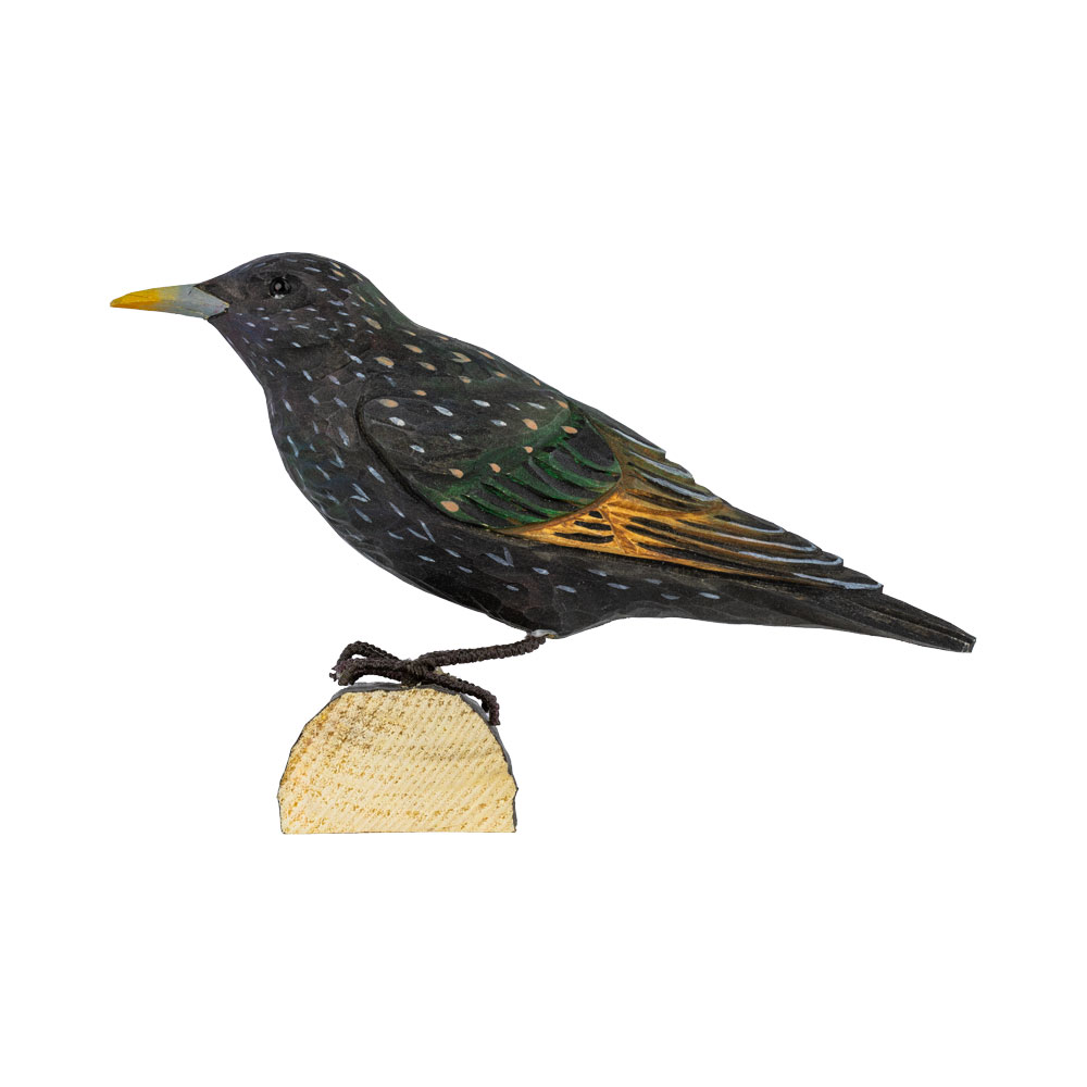 DecoBird Starling seen from the side, standing on a small wooden base against a light background.
