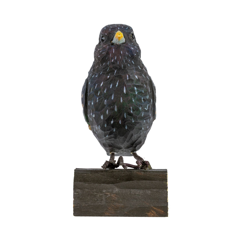 DecoBird Starling seen from the front, standing on a small wooden base against a light background.
