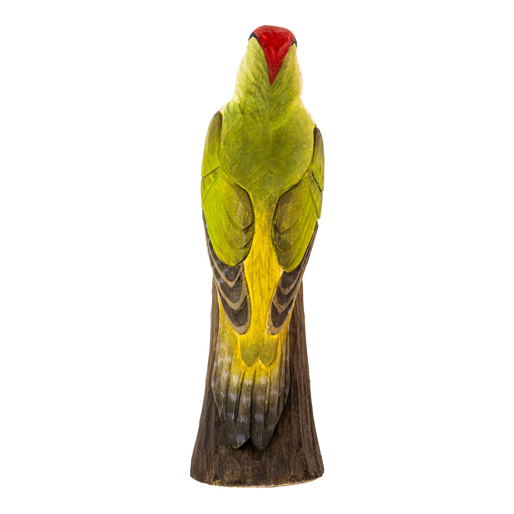 DecoBird Green Woodpecker viewed from the back, perched on a tree trunk against a white background.