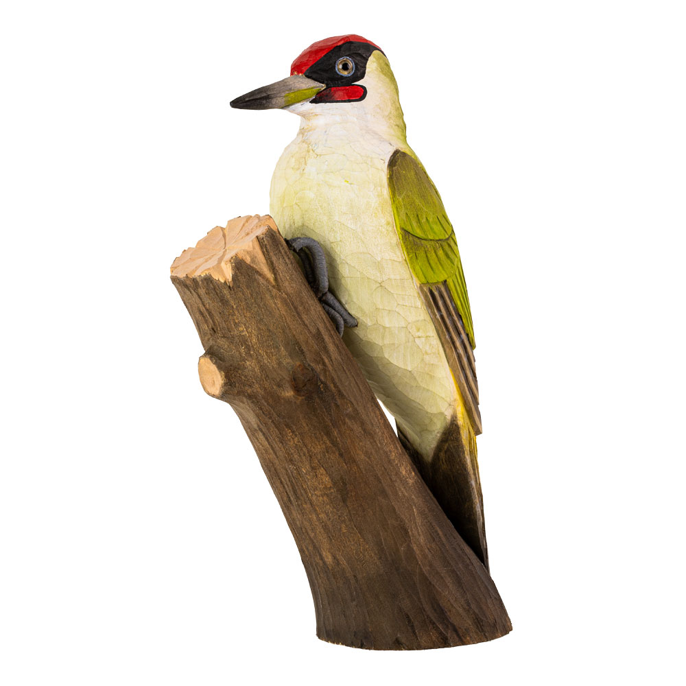 DecoBird Green Woodpecker viewed from the front at an angle, perched on a tree trunk against a white background.