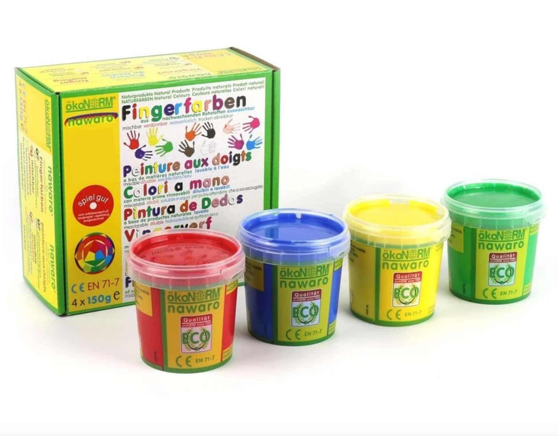 4 burkar med fingerfärg i olika färger