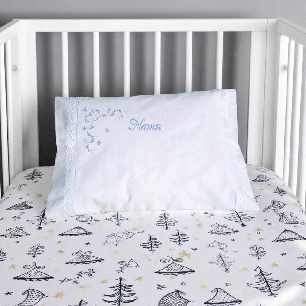 Örngott eko percale vagn/vagga vit spets Blomranka namn